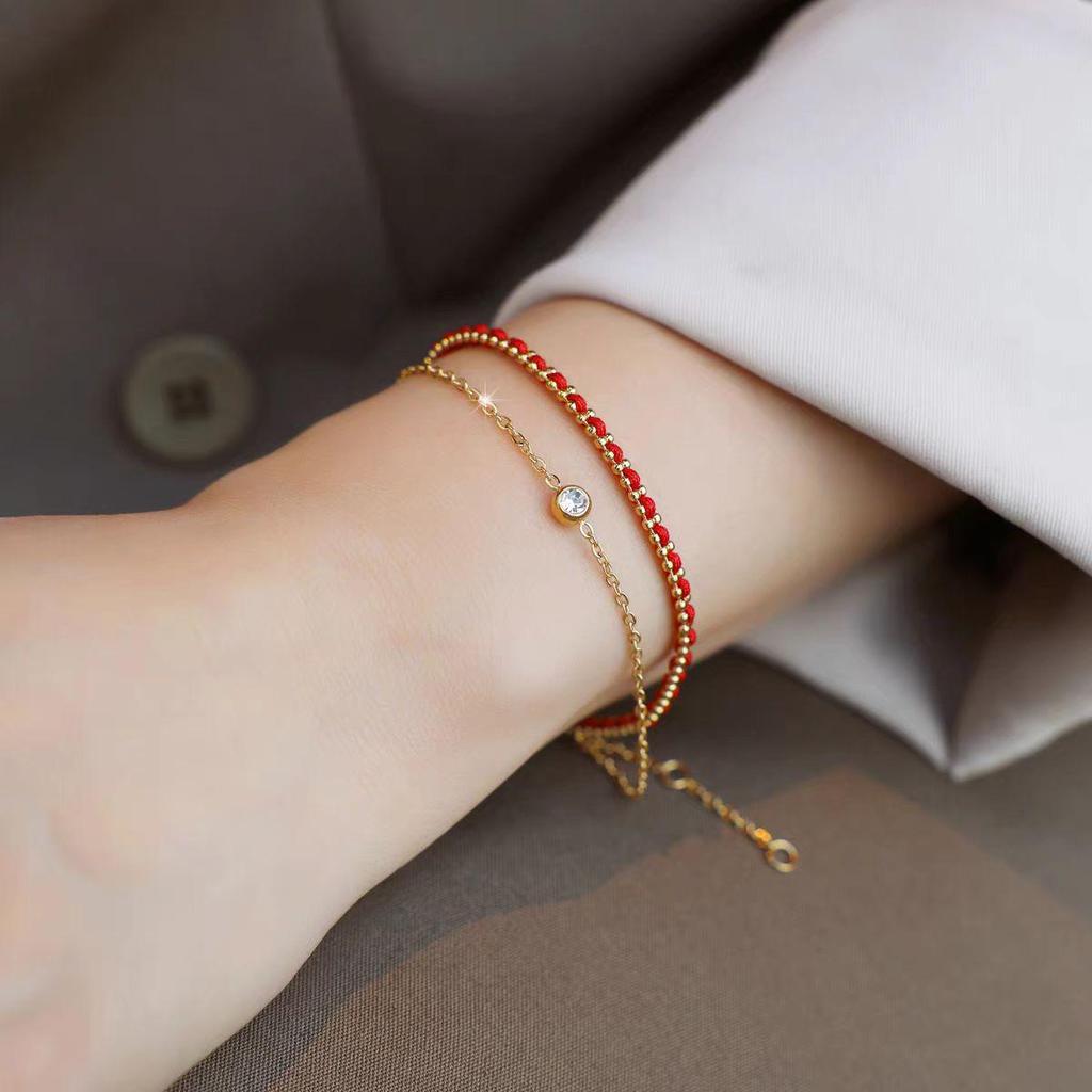 Elegant Red Rope Bracelet: Double Layer with Diamond, Titanium Steel, Chinese Style, for Women's Luck and Fashion.