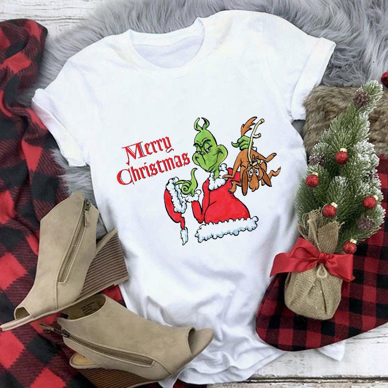 Women's Crew Neck Short Sleeve Graphic Print Christmas T-Shirts Loose Fit Casual Tees