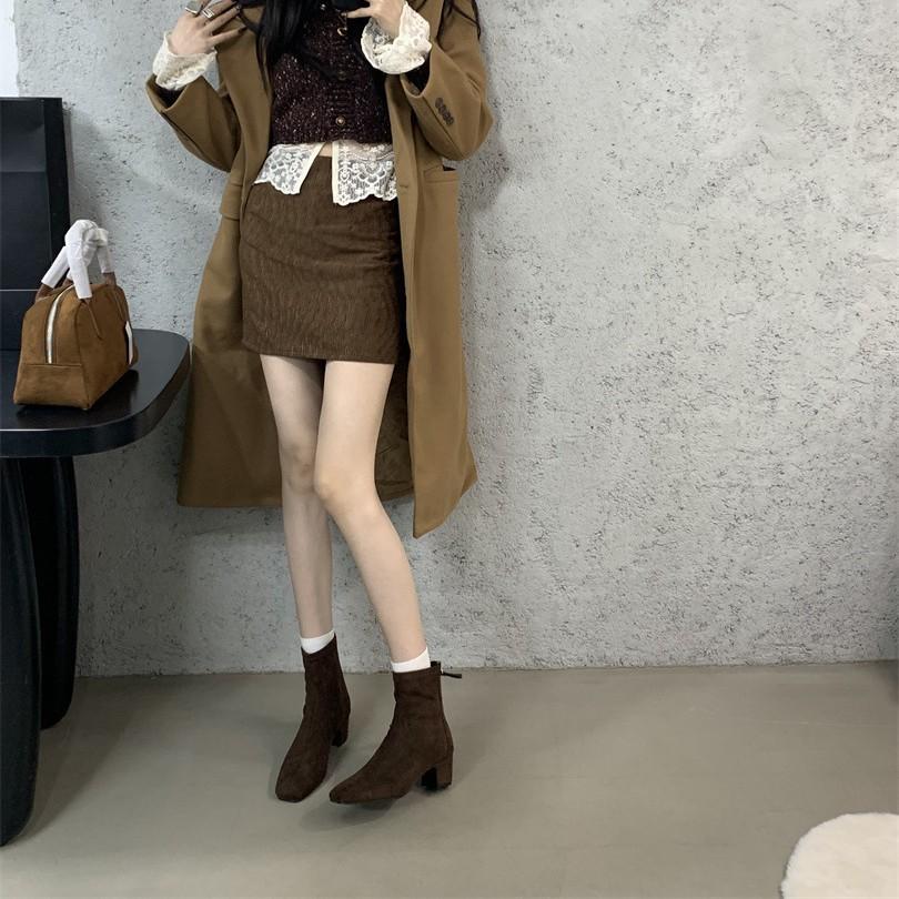 Brown short boots women's high heel thick heel rear zipper square head versatile 2025 new autumn and winter Korean version suede thin boots