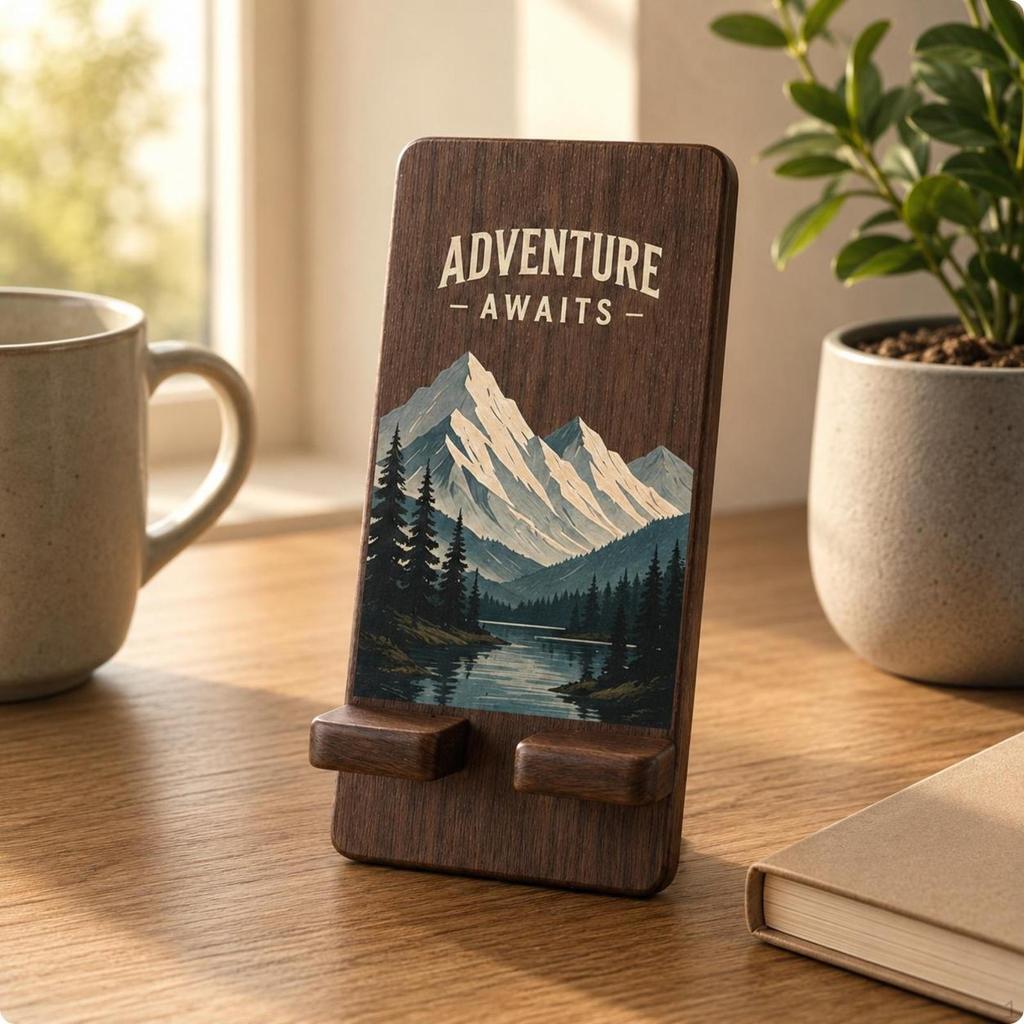 Desktop Phone Stand Vertical Walnut Compact Workspace Accessory