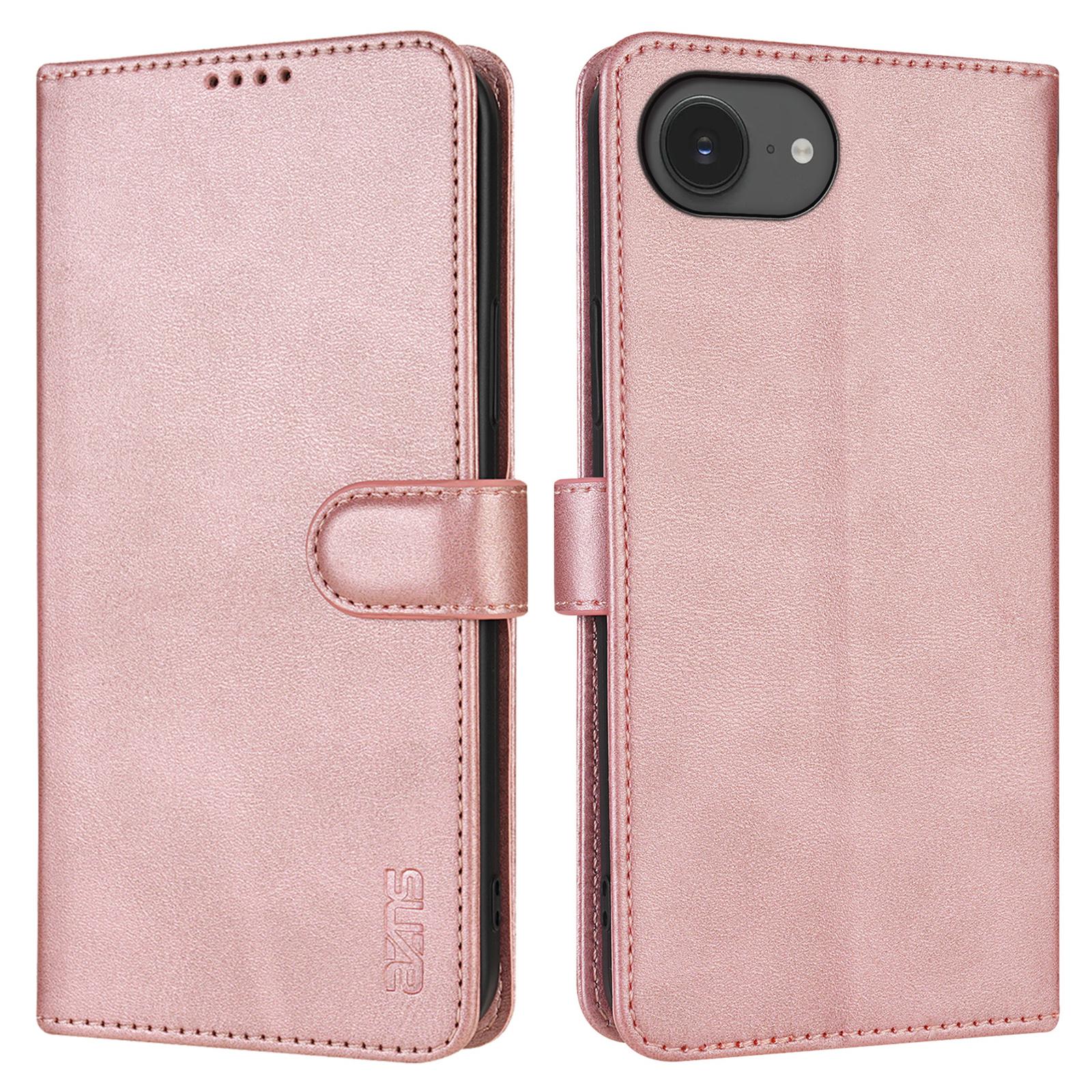 

AZNS For iPhone 16e Case PU Leather Wallet Phone Cover Rose Gold