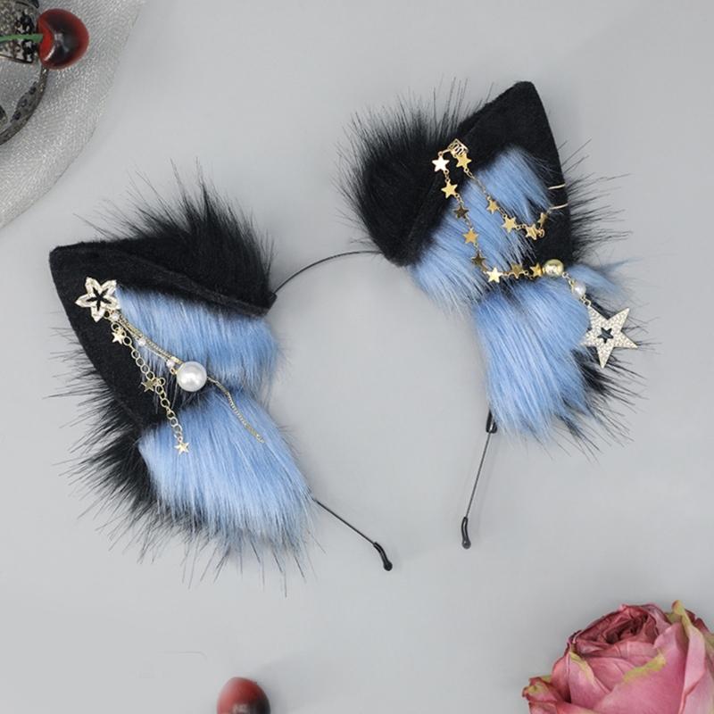 Wolf Ears Handmade Animal Furry Kitten Headband Star Tassels for Masquerade