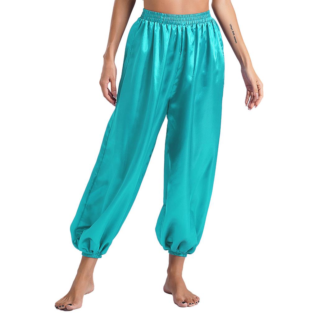 Women Belly Dance Pants Loose Fit Elastic Waistband Satin Bloomers Stage Performance Trousers