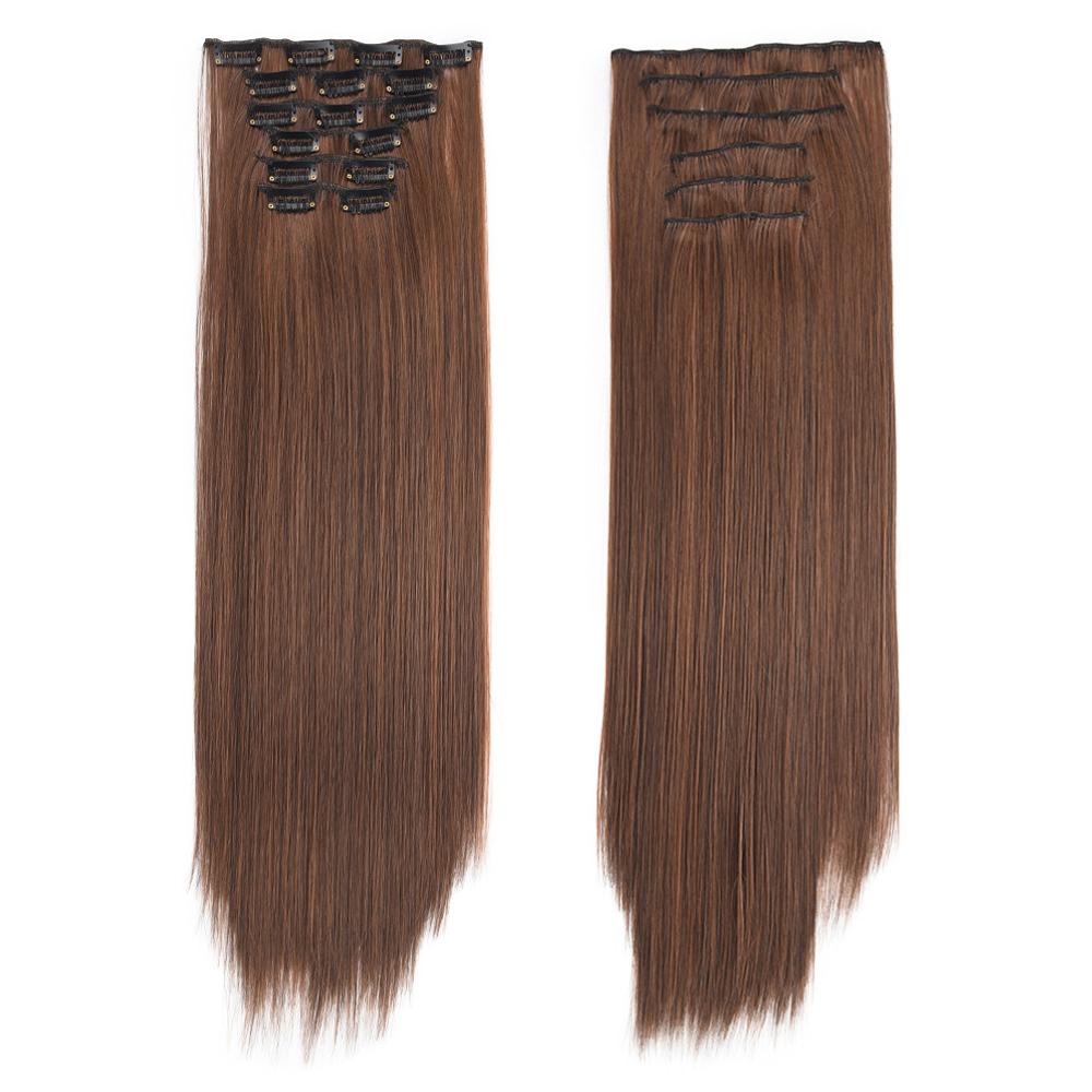 Postiche 6 pièces/ensemble Extensions de cheveux à clips pour tête entière Cheveux longs raides Couleur blond marron