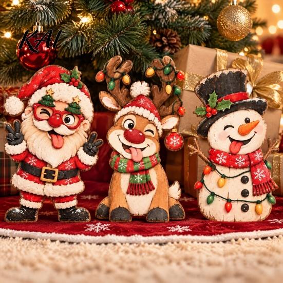 Handcrafted Wooden Holiday Ornaments 3Pcs/Set Christmas Tabletop Ornaments, Festive Winter Table Decoration, Atmosphere Decoration Santa Claus