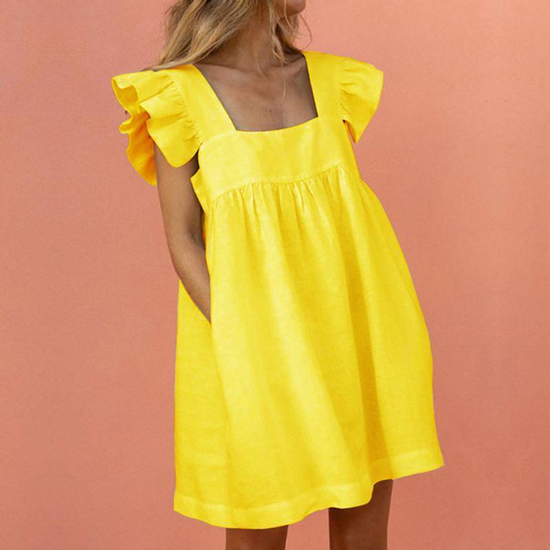 

Solid Dress Casual Loose Beach Dress Pure Color Dress Casual Loose Beach Dress Yellow M