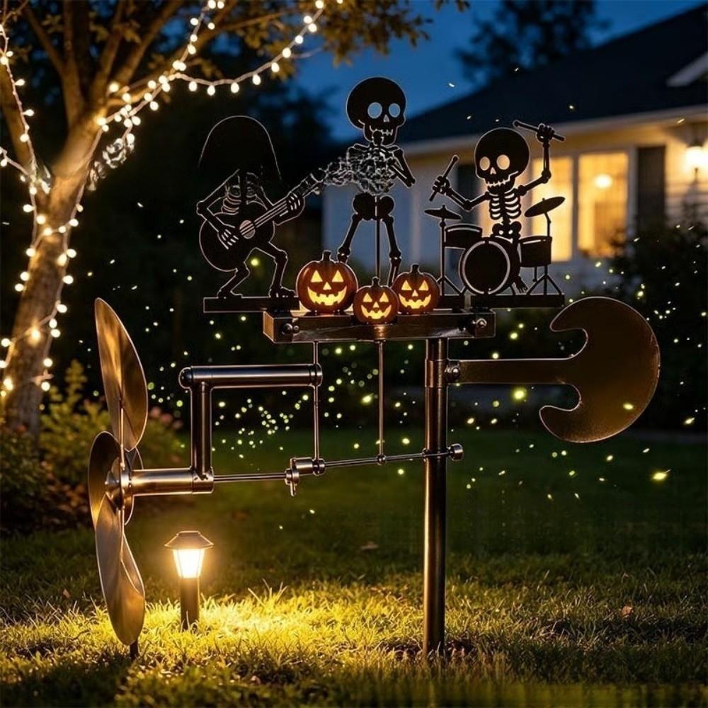 Wind-Powered Halloween Skeleton Metal Drummer Wind Heavy Duty Rock Band Sculpture Yard