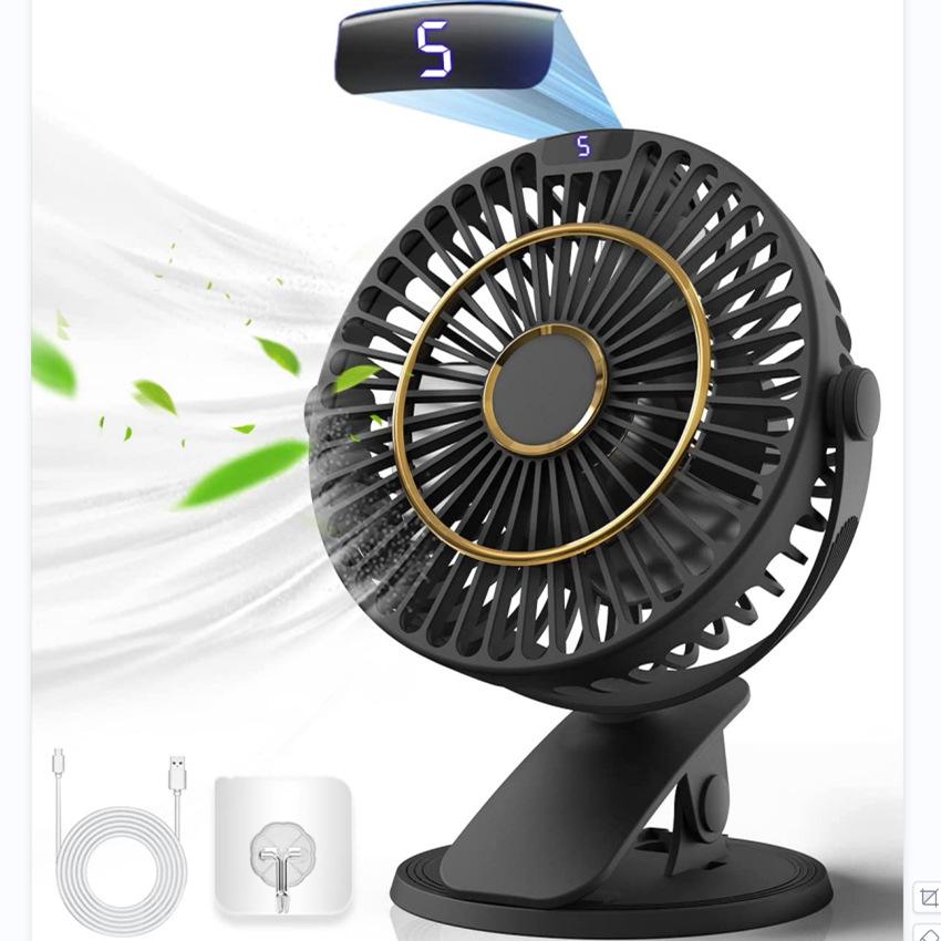 USB Rechargeable Clip-On Fan with Speed Display - 360° Rotating Portable Mini Desk Fan 1200mAh
