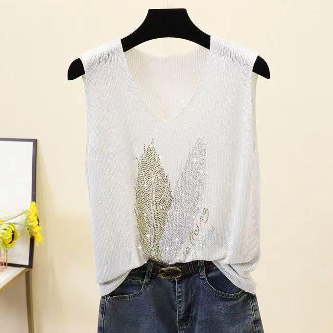 2023 Shiny Silk Sleeveless V-Neck Women's Vest - Spring/Summer New Style, Loose Fit with Hot Diamond Sling Knitted Design