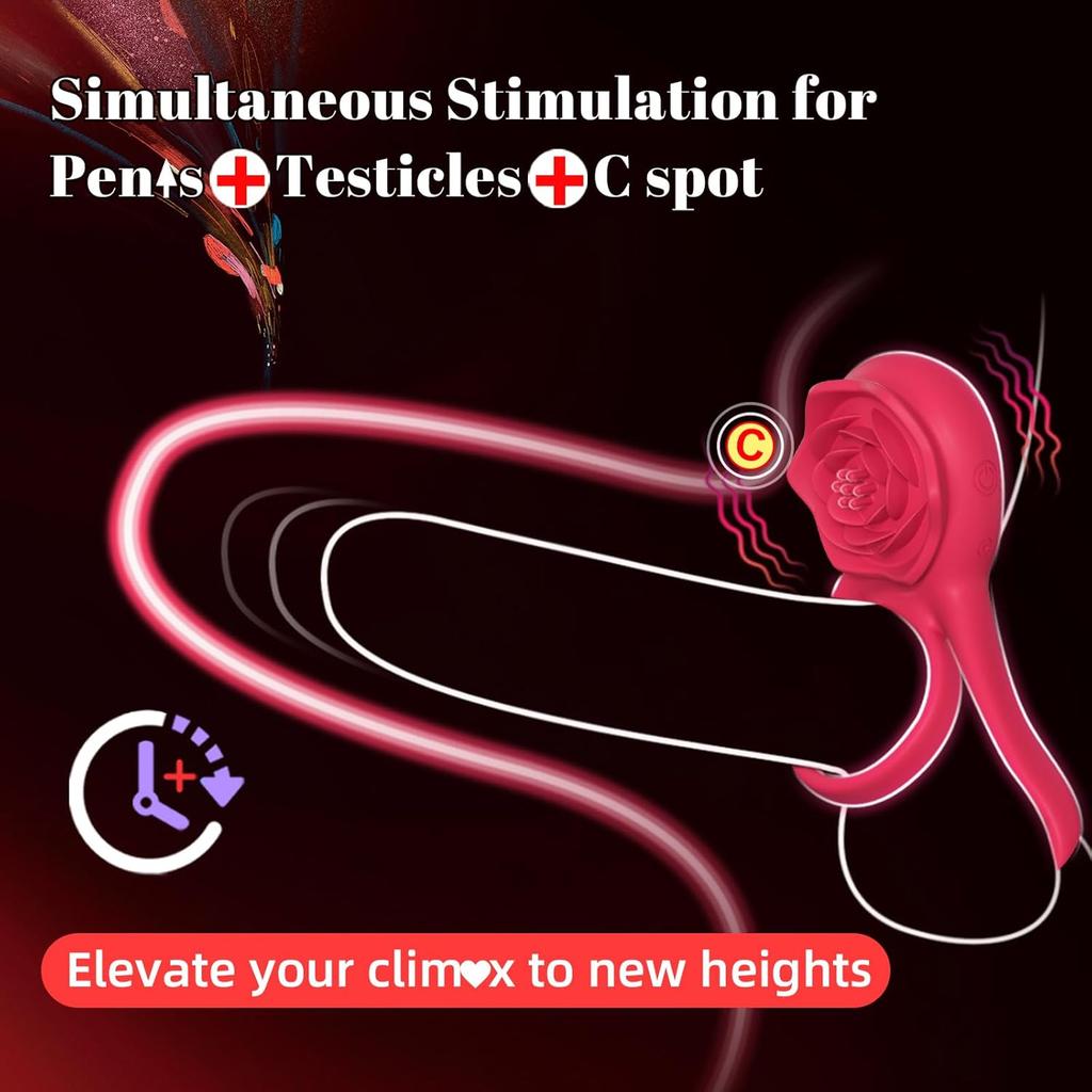Vibrating Cock Ring with Rose Clitoral Stimulator, Pleasure Penis Ring Vibrator Couples Adult Sex Toys for Men Women, 7 Vibrations Male Couple Sex
