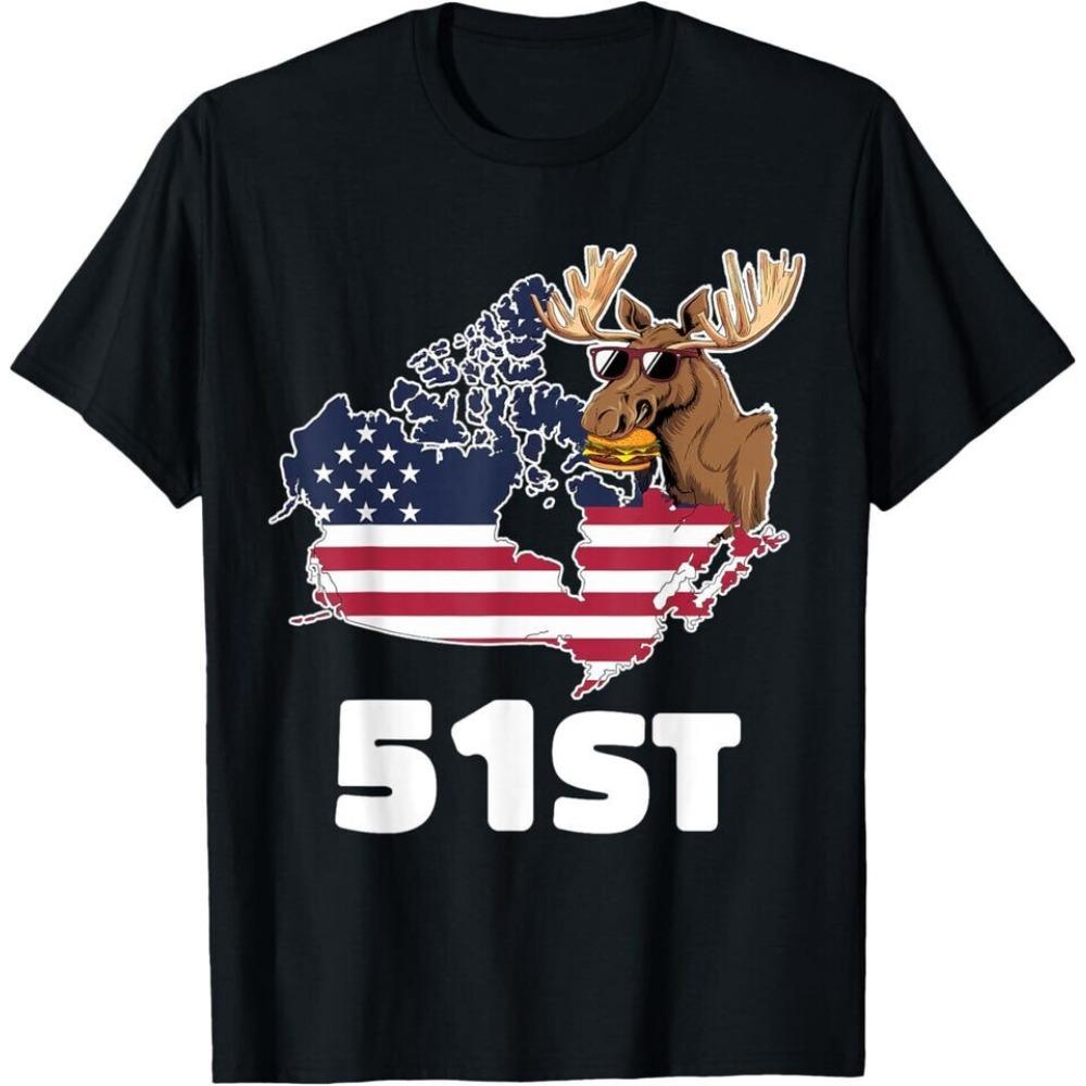 Moose Eating Burger 51st State USA Canada Map T-shirt XL