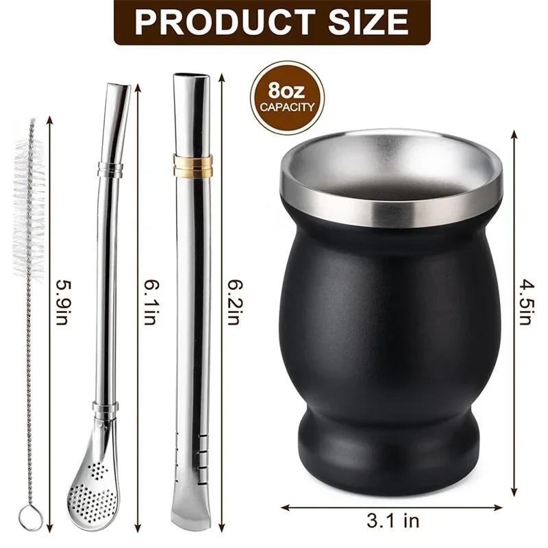 Yerba Mate Gourd and Bombilla Set 4pcs Stainless Steel Double Wall Mate Cup With Yerba Mate Straws Bombillas and Cleaning Brush