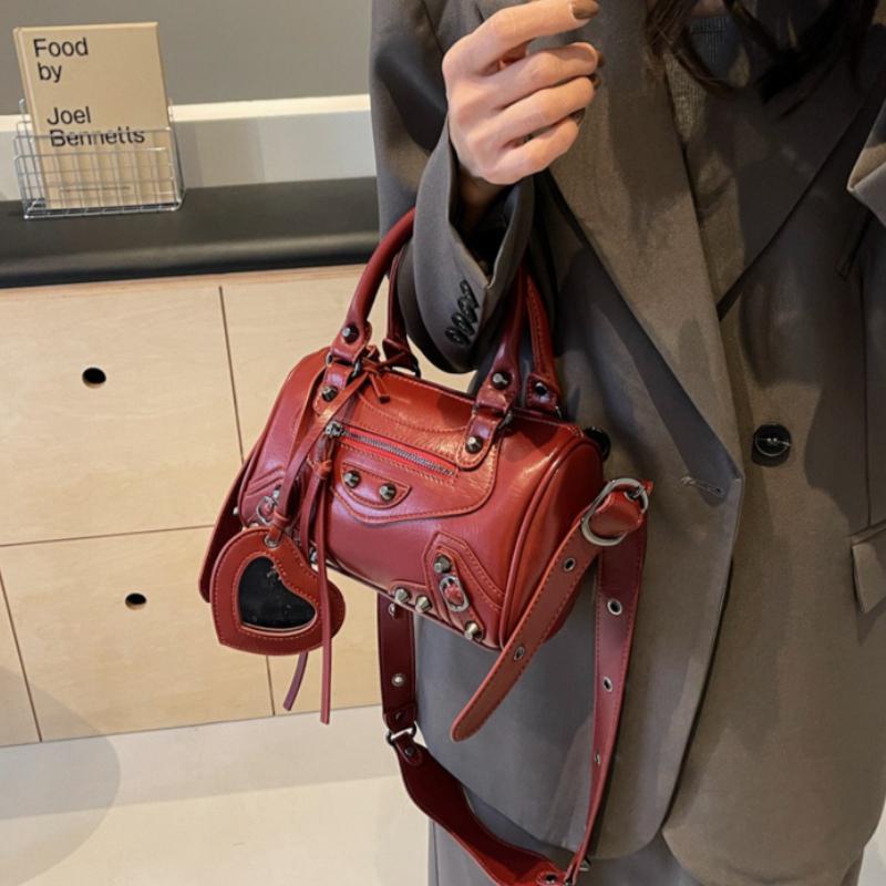 Mini Cylinder Motorcycle Bag Women's Rivet Tassel Three-in-One Pleated Cowhide Single Shoulder Slant Cross Handbags