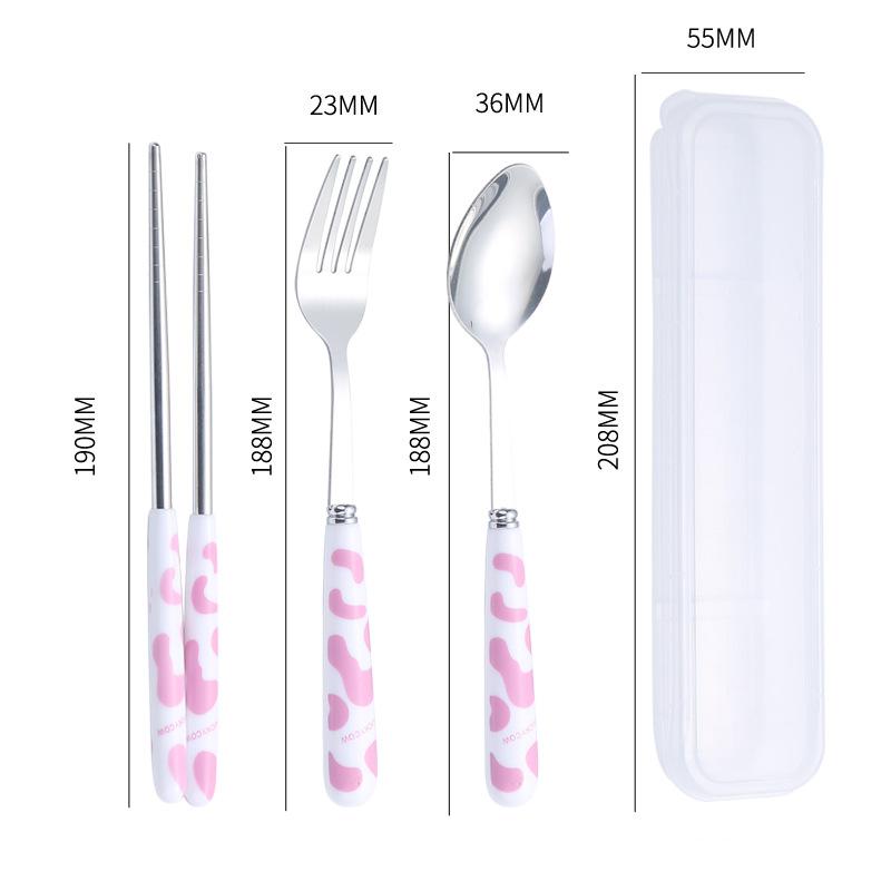 Ensemble de couverts portables en acier inoxydable, fourchettes, cuillères, baguettes, vache de dessin animé fraise, couverts de pique-nique en plein air, ustensiles de cuisine