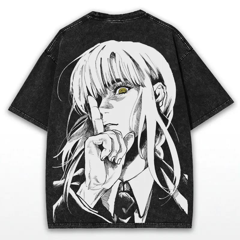 Camiseta Estampada Anime Chainsaw Man Makima Masculina Feminina Algodão Lavado Camisetas Manga Vintage Camiseta Harajuku Masculina Manga Curta