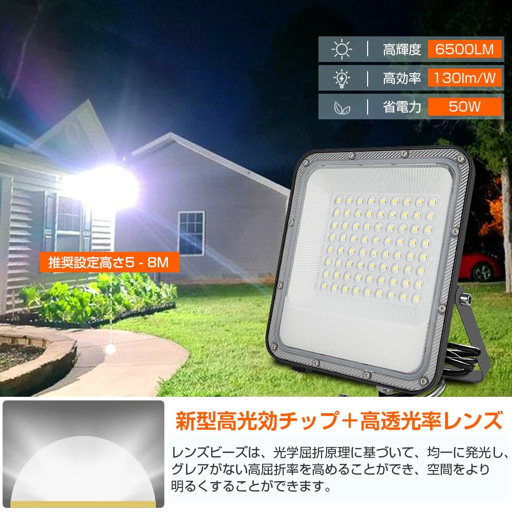 MAGOKORO 50W LED Floodlight, IP66 Waterproof, 6500LM (500W Equivalent), Daylight White, Energy-Saving, High Brightness, Lightweight, 120° Wide