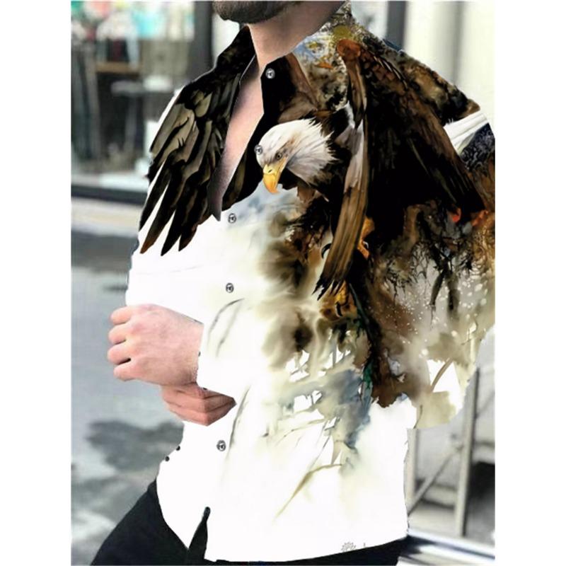 Fashionable Men's Top Shirt Button Lapel Lion Tiger Eagle Animal HD Pattern Soft and Comfortable Material Style