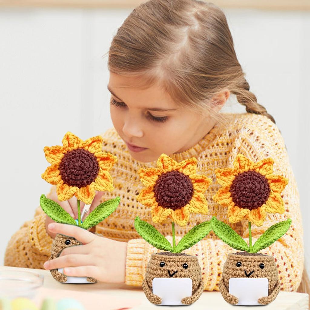 Handmade Crochet Sunflower Potted Ornament, Hand-knit  Decoration