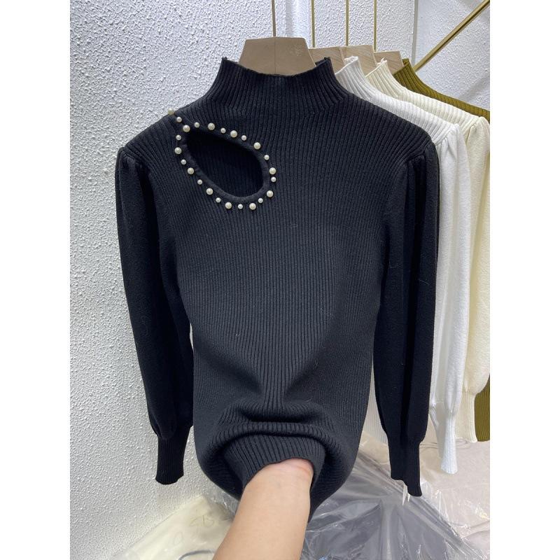 

Вязаный свитер с полыми бусинами для женщин, с полувысоким воротником и длинными рукавами, базовый свитер 3XL