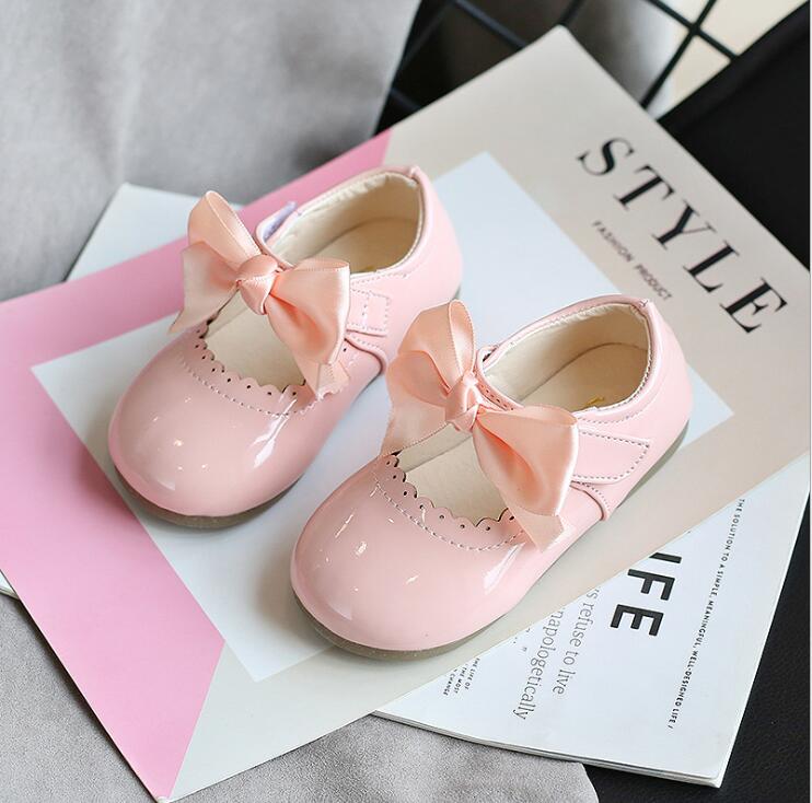 Newest Spring Autumn Baby Girls Fashion Patent Leather Big Bow Princess Mary Janes Party Shoes Solid Color Student Flats Shoes