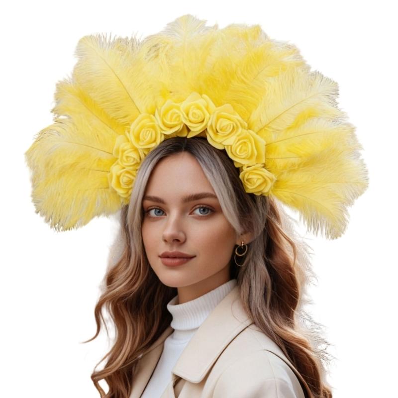Colorful Feathered Headband Hair Accessory Elegant Rose Flower Design Hairhoop For Women Girl Carnivals Event Photography