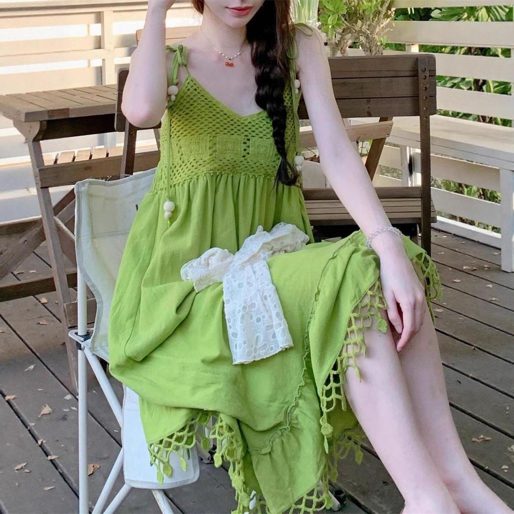 Bohemian Green Tassel Two-Piece Sleeveless Spaghetti Strap Summer Babydoll Mini Dress for Women