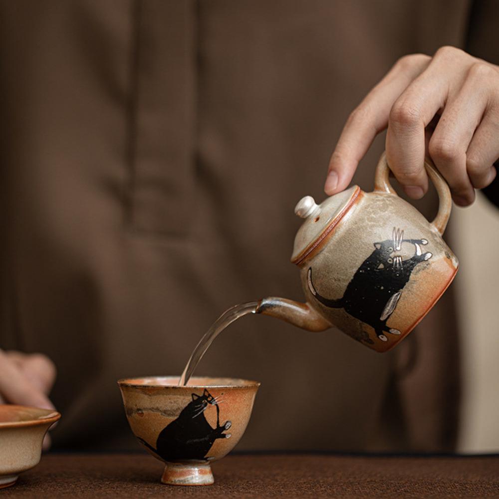 Handmade Gilt Silver Cat Teapot Japanese Wood-fired Porcelain Zhiye Pot Tea Maker Kettle Tea Services Accessories Collection
