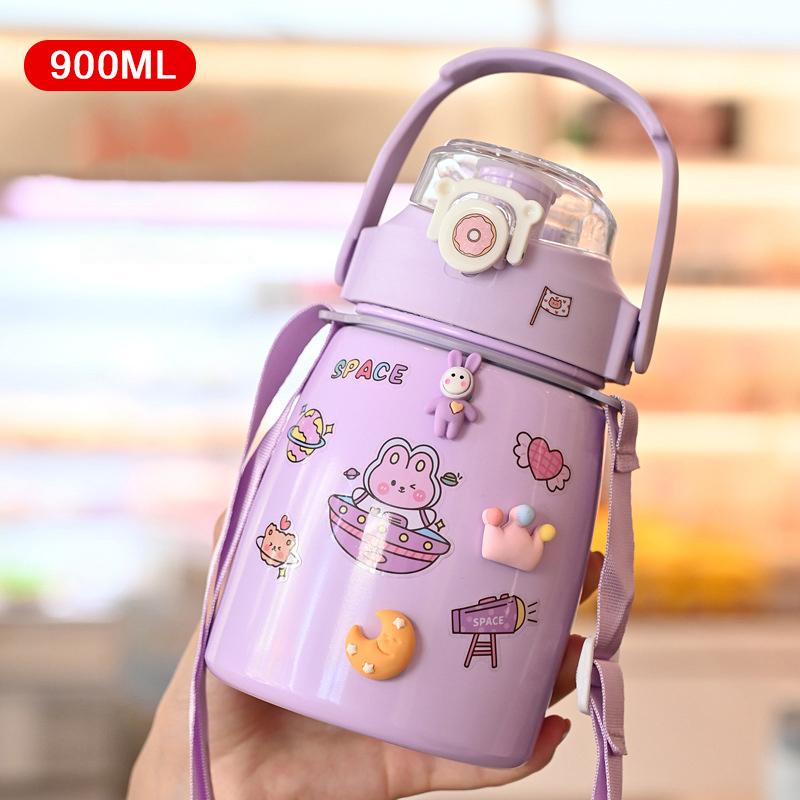 

Детская термокружка 900 мл, кружка с большим животом, термос из нержавеющей стали, портативная соломинка, чайник, мультяшная вакуумная фляга, бутылка для воды