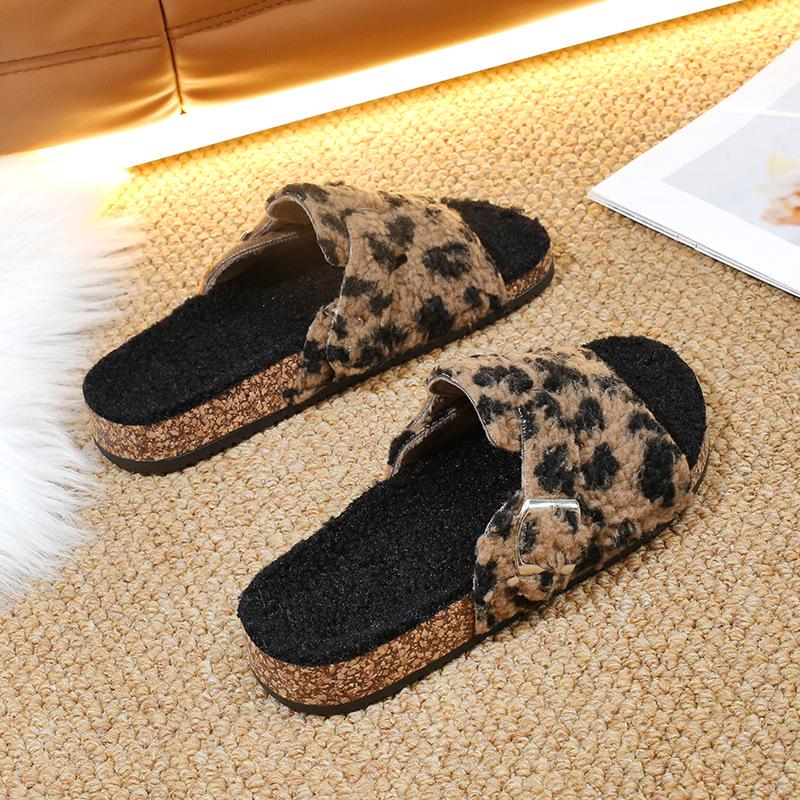 Women's Fuzzy Leopard Print Slippers, Cross Strap, Suede, Indoor/Outdoor, Autumn/Winter 2025.