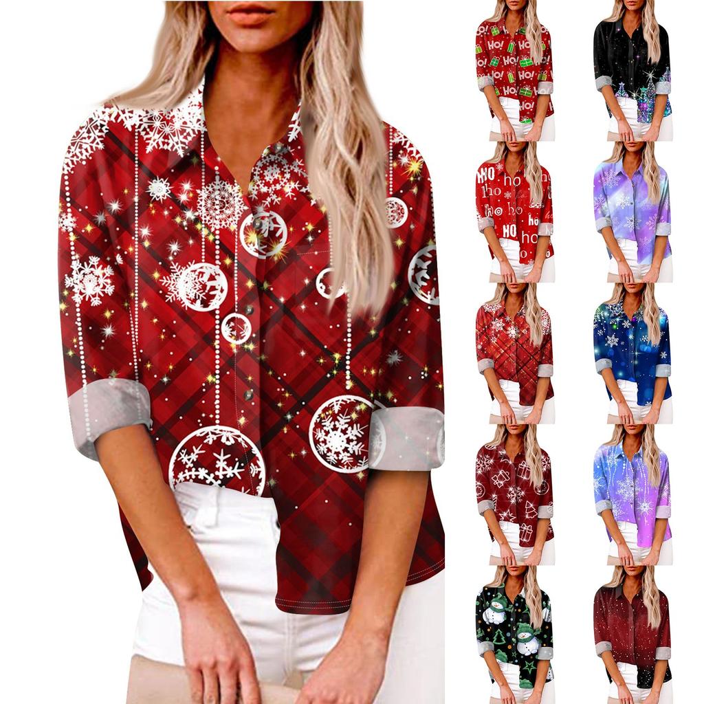 Women's Loose Casual Long-sleeved Christmas Print Shirt Print And Pocket Cardigan