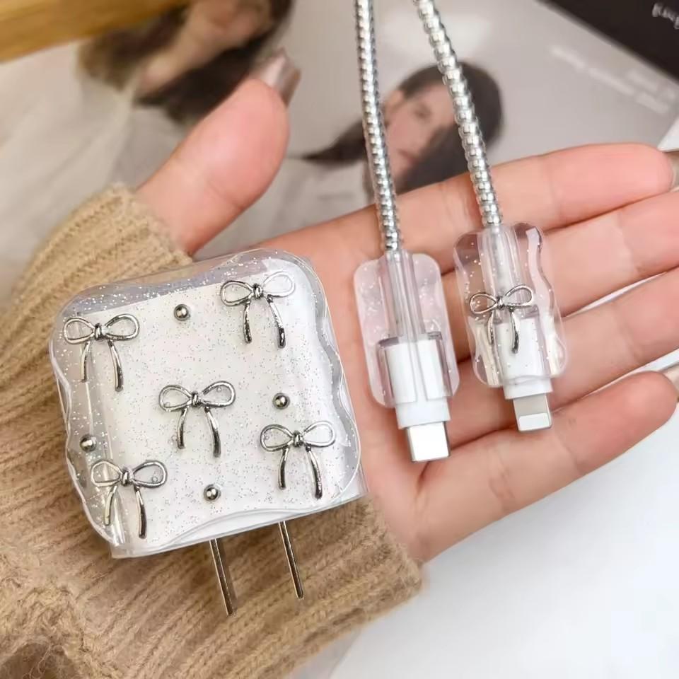Transparent Shining Bowknot Cellphone Charger Protective Case Sleeve for Apple IPhone 18/20W Laser Cable Winder Wire Protectors