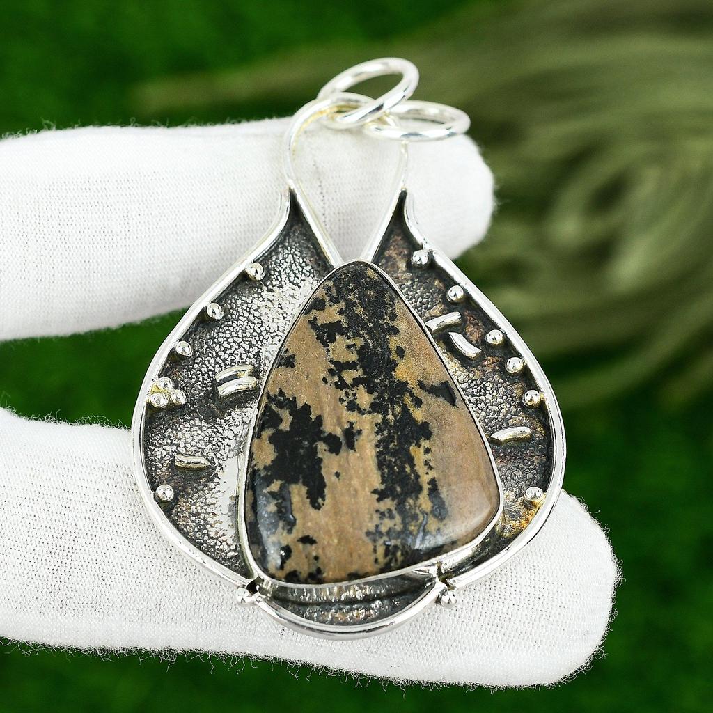925 Silver Honey Dendrite Opal Stone Wife Handmade Bezel Wedding Pendant Jewelry