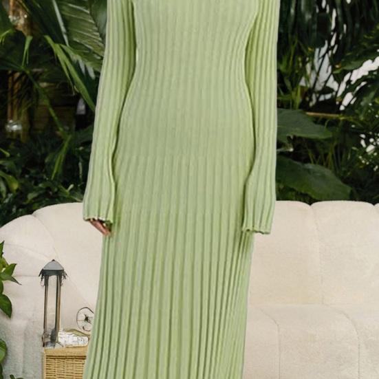 Women's Long Sleeve Ribbed Knitted Maxi Dress Crew Neck Bodycon Sweater Dress Elastic Slim Tie Waist Pencil Long Dress