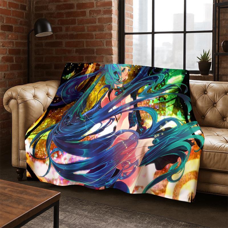 Cartoon M-MIKU Music Girl Flannel Blanket Soft Warm Blanket Throw Blanket for Bedroom Living Room Bed Travel Picnic Gift Kid