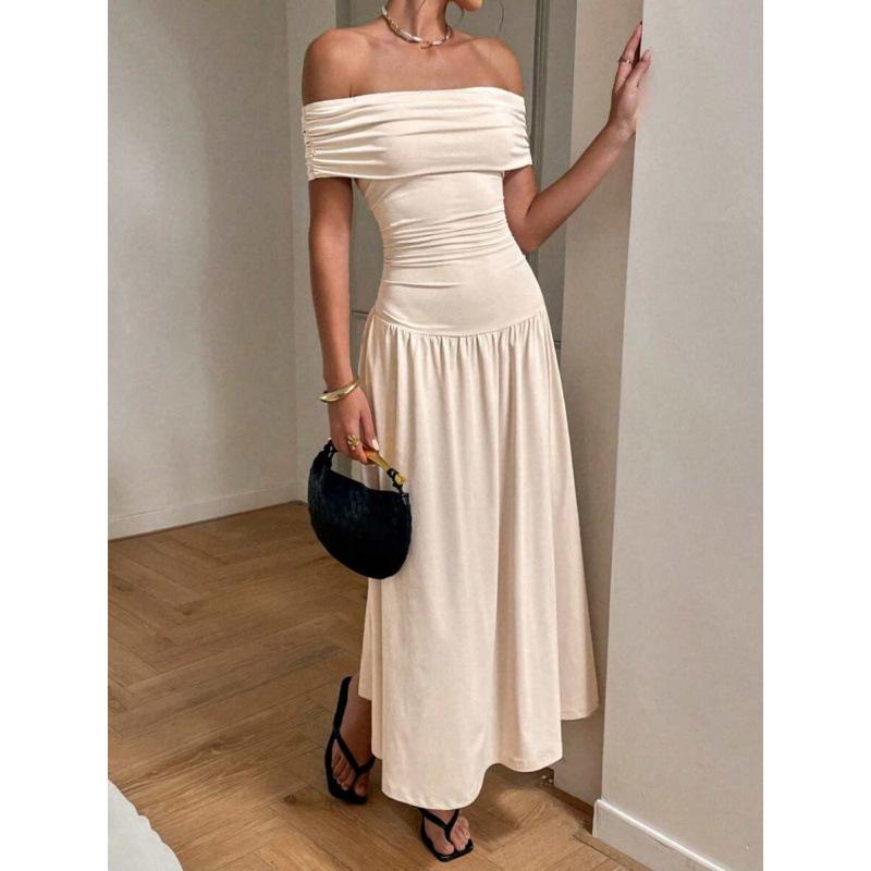 European and American Pure Desire Sexy One-word Shoulder Off the Shoulder Simple Fashion Elegant Waist Thin Dress Women