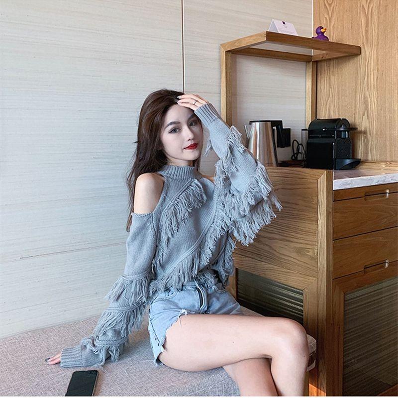 

Halter Neck Tassel Top Women s Society Autumn and Winter Clothing Discreet Off-shoulder Sweater Short Sweater S серый
