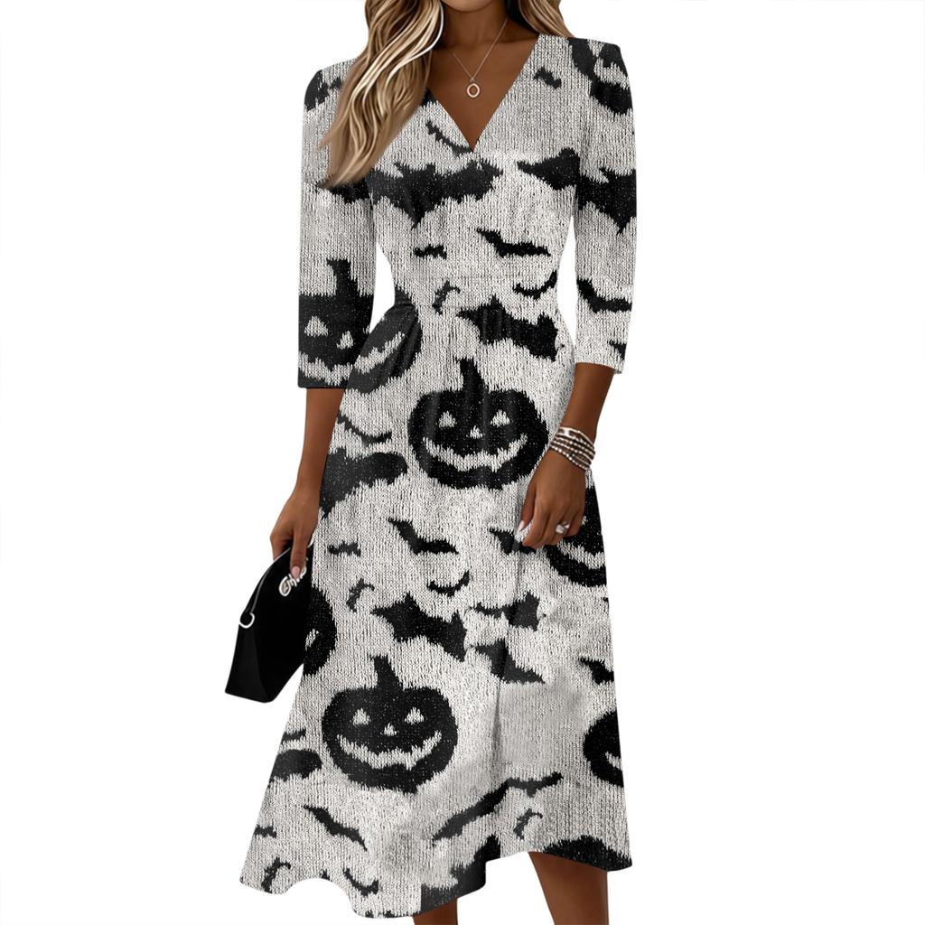 Women's Casual V-Neck Three-Quarter Sleeve Dress with Back Zipper