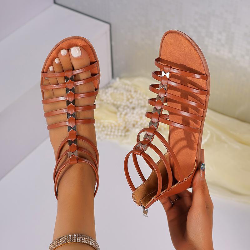 Sandals for Women's Summer Beach Vacation Flat Back Zipper Ethnic Shoes