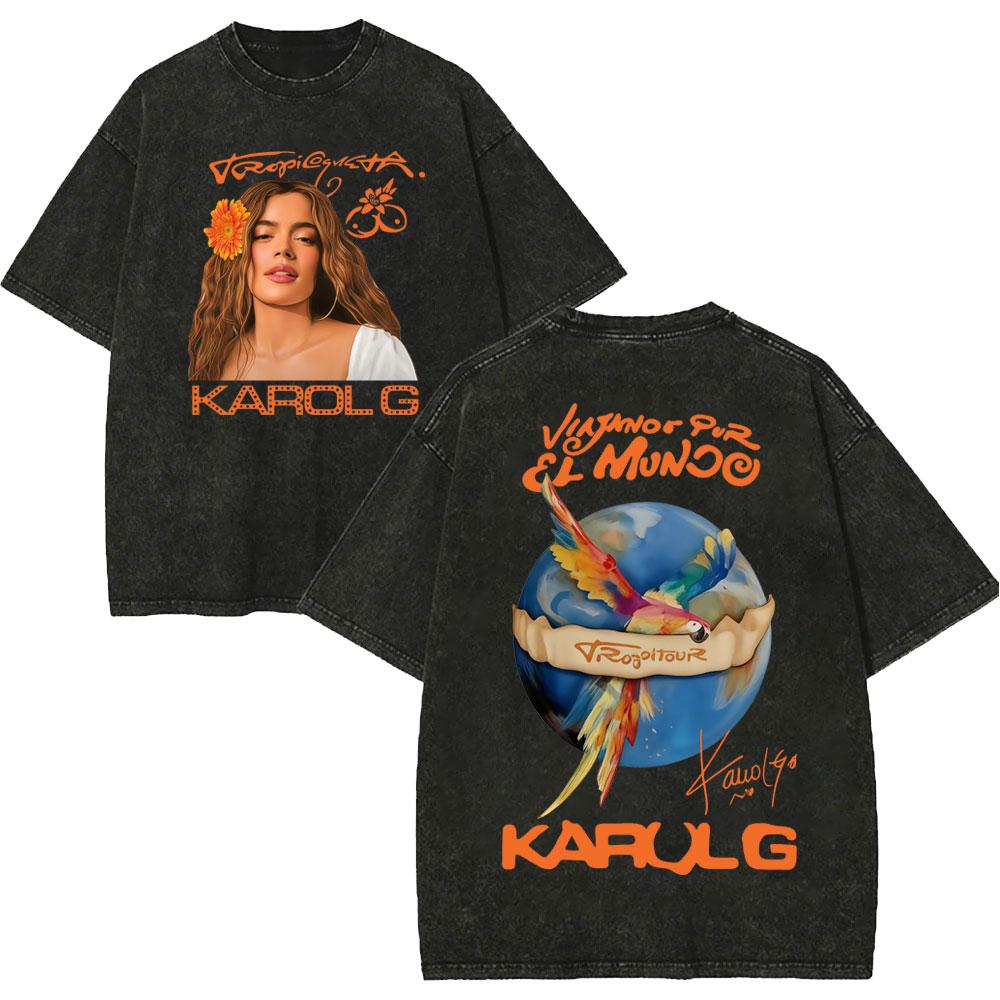 Vintage Spłowiałe Koszulki Karol G Tropicoqueta Tour 2026 Mężczyźni Kobiety Moda Pop Muzyka Koszulka Letnia Codzienna Luźna Bawełniana Koszulka