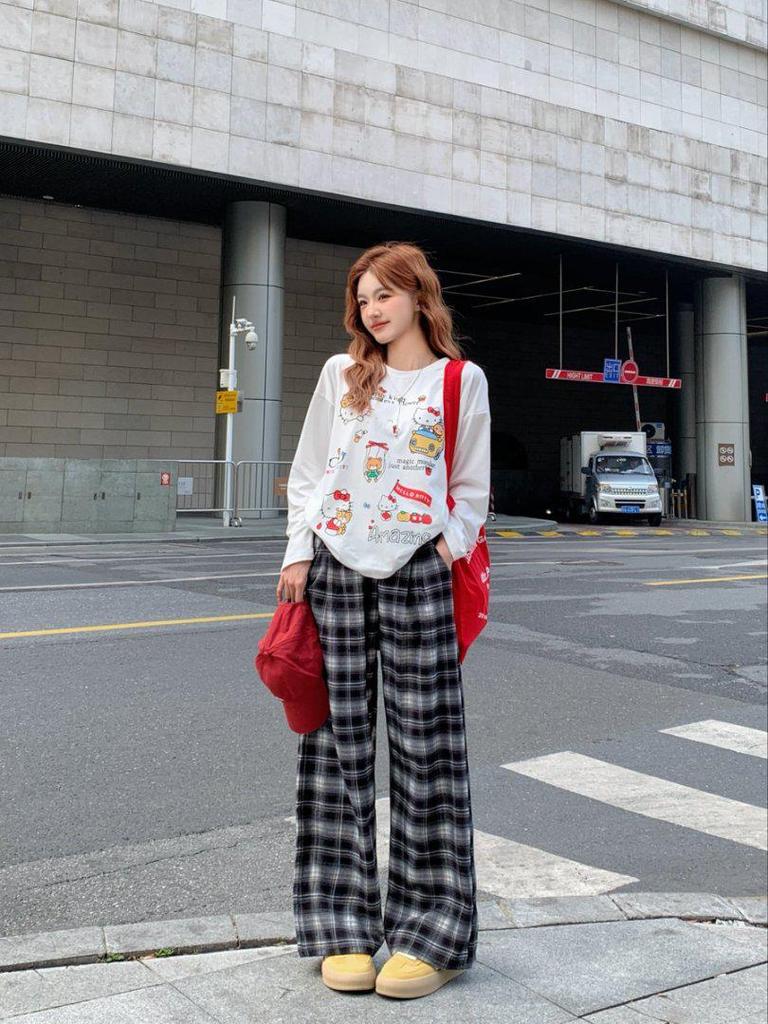 Damen Modische Karohose mit hohem Bund - Locker, Gerades Bein, Vielseitiger Herbststil