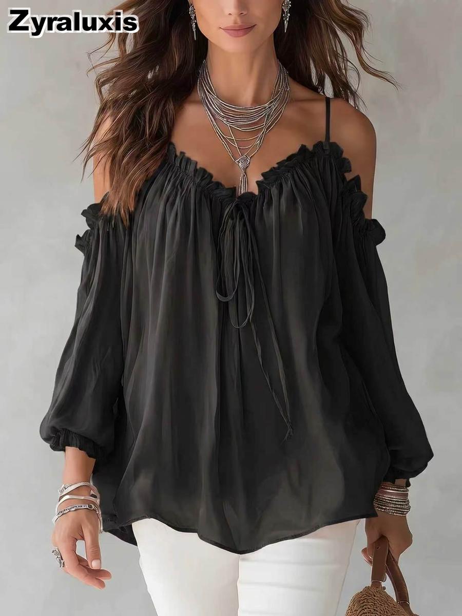 Autumn Women s Shirt New Peony Collar Casual Off-Shoulder Tie-Up Top S