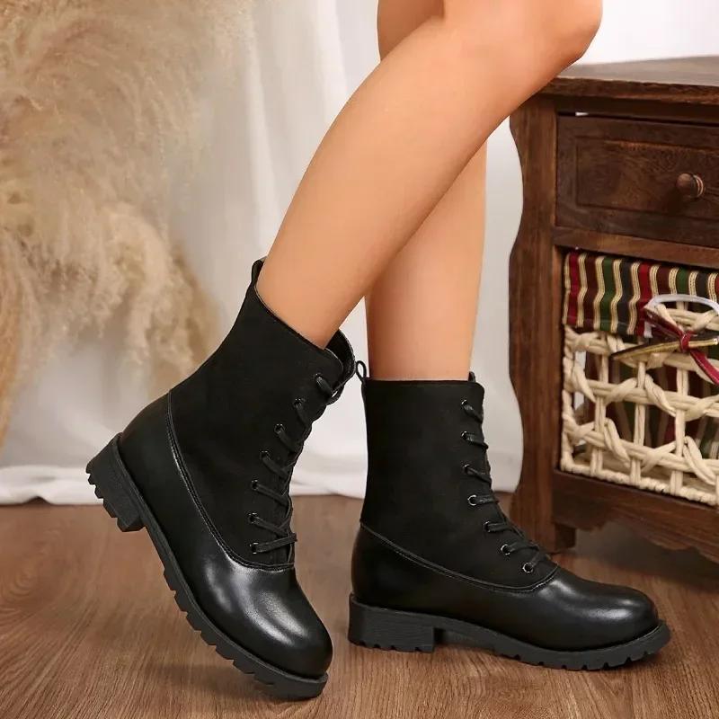 Mode Damen Schuhe im Sale 2024 Schnürstiefel Damen Herbst Winter Runde Zehenpartie Einfarbig Kurzer Schaft Klobige Absätze Übergröße Mode Stiefel