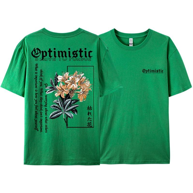 Optimistic Strive To Porsue Harajuku Flower Printing Men Women Tshirt Oversized Loose T Shirts Cotton Short Sleeve Hip Hop Tees