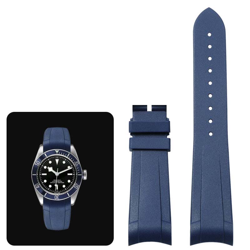 Klasický vysoce kvalitní gumový řemínek se zakřivenými konci pro hodinky Tudor Black Bay GMT s překlápěcí sponou Černý Modrý Červený 22mm Náramek