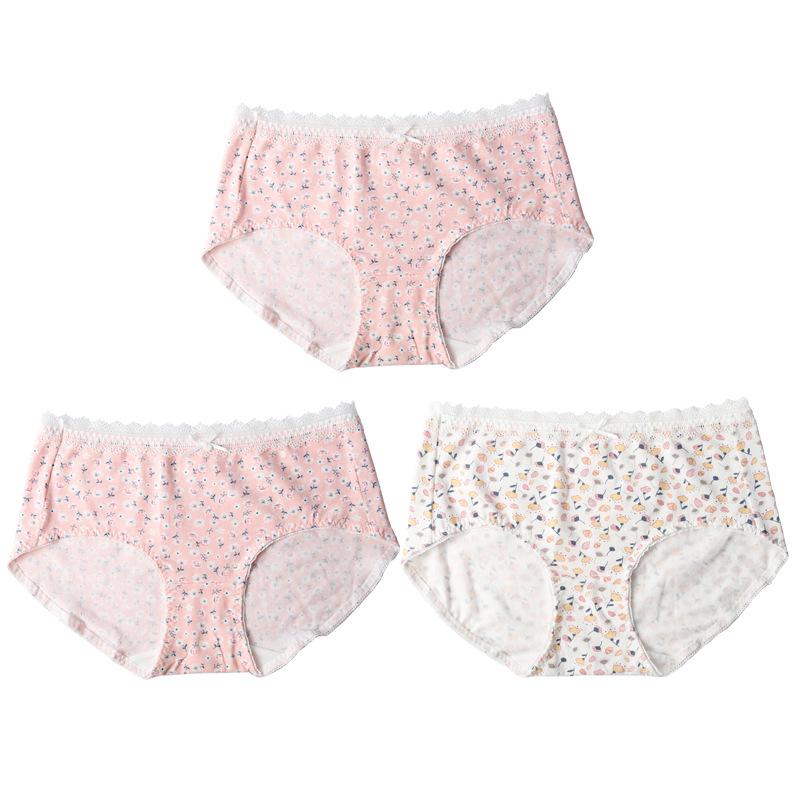 Spodní prádlo třídy A Vysoce elastické antibakteriální kalhotky se středním pasem pro ženy Květinové kalhotky s krajkovým potiskem Pohodlné prodyšné kalhotky