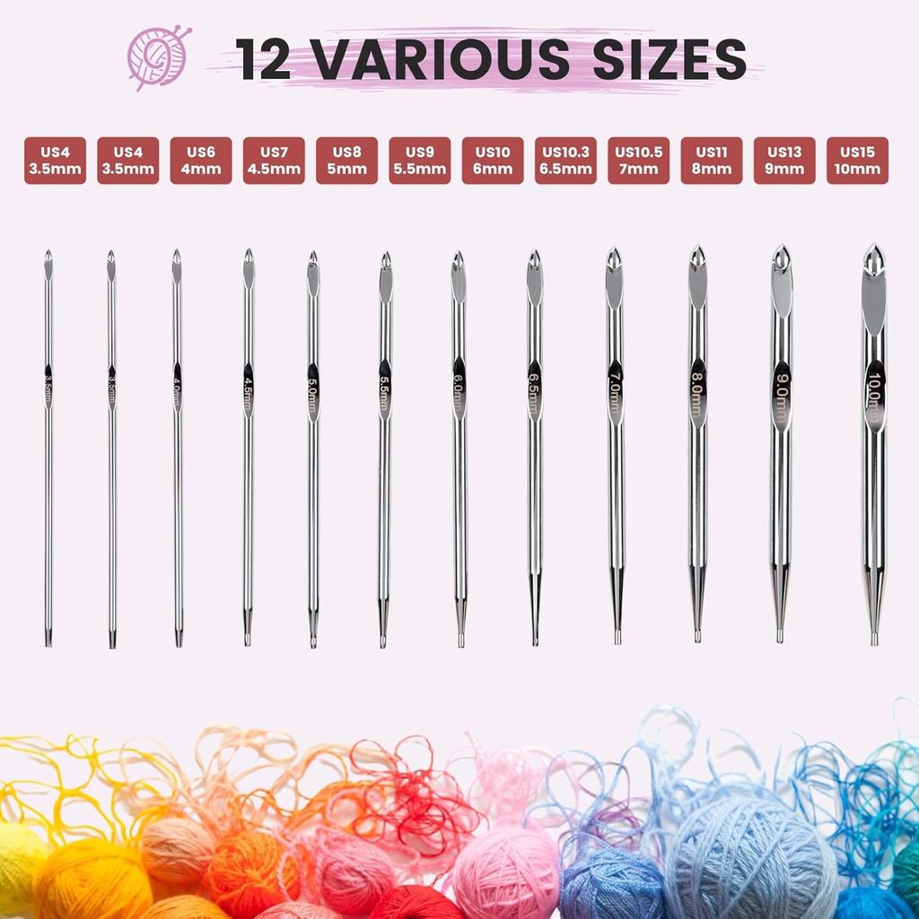 Interchangeable Tunisian Crochet Hook Set (3mm-10mm, 6 Inch),12 Piece Aluminum Ergonomic Hooks with Cables for Afghan, Knitting, Knooking & Stitch,