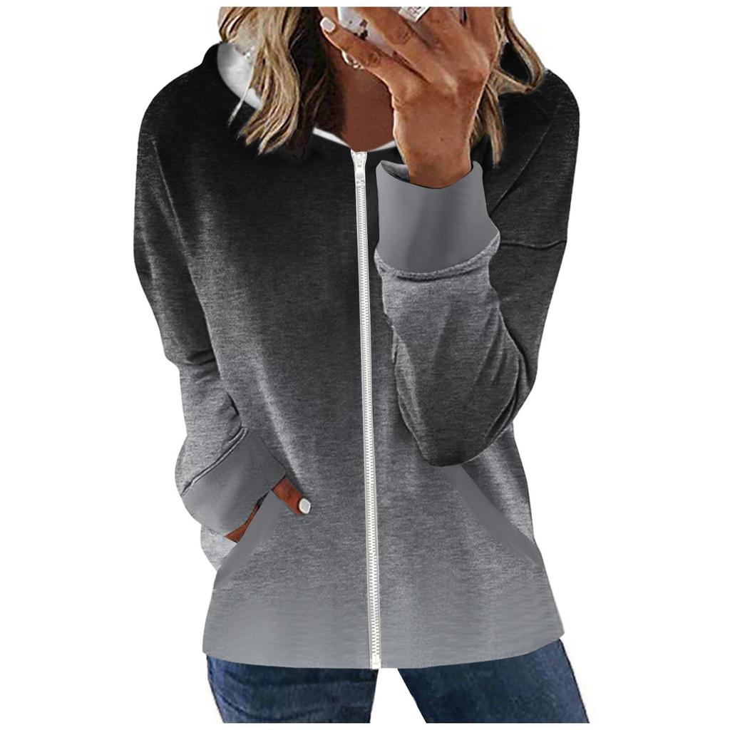 Damemote Casual Glidelås Gradient Langermet Pocket hettefrakk