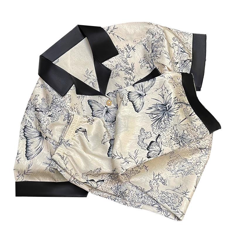Chinese Style Ink Painting Pajamas Women'S Spring Summer Short-Sleeved Trousers Simulated Silk Loungewear