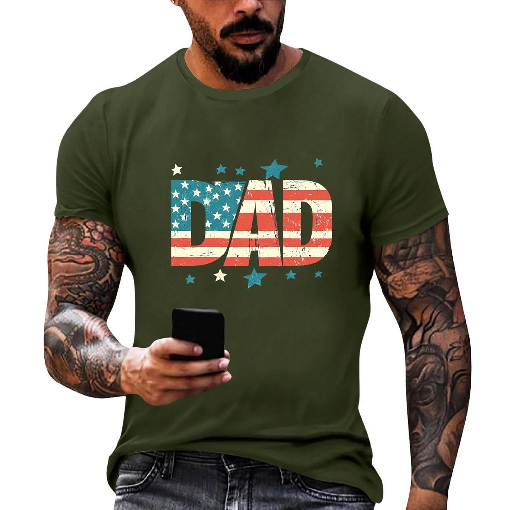 Men's Loose Fit Short Sleeve T Shirt Casual Summer Daily Wear Crew Neck Tee with Patriotic Star and Flag Print for Father's Day and Independence Day