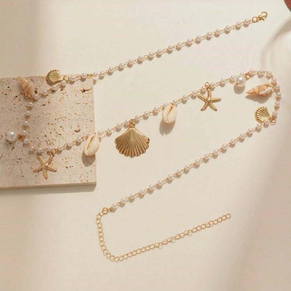 Shell Imitation Pearl Body Chain Adjustable Beads Belly Chain Fashion Starfish Waist Chain  Party